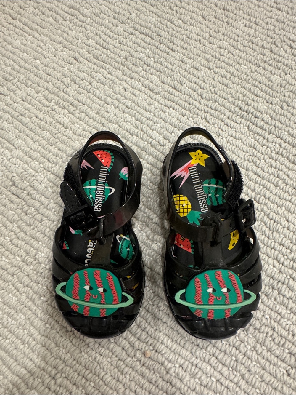 Mini Melissa Black Jelly Sandals with Colorful Planet Appliqués